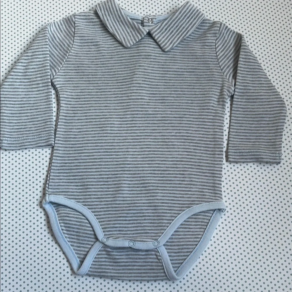 Zara Blue & Gray Striped Bodysuit with Peter Pan Collar
